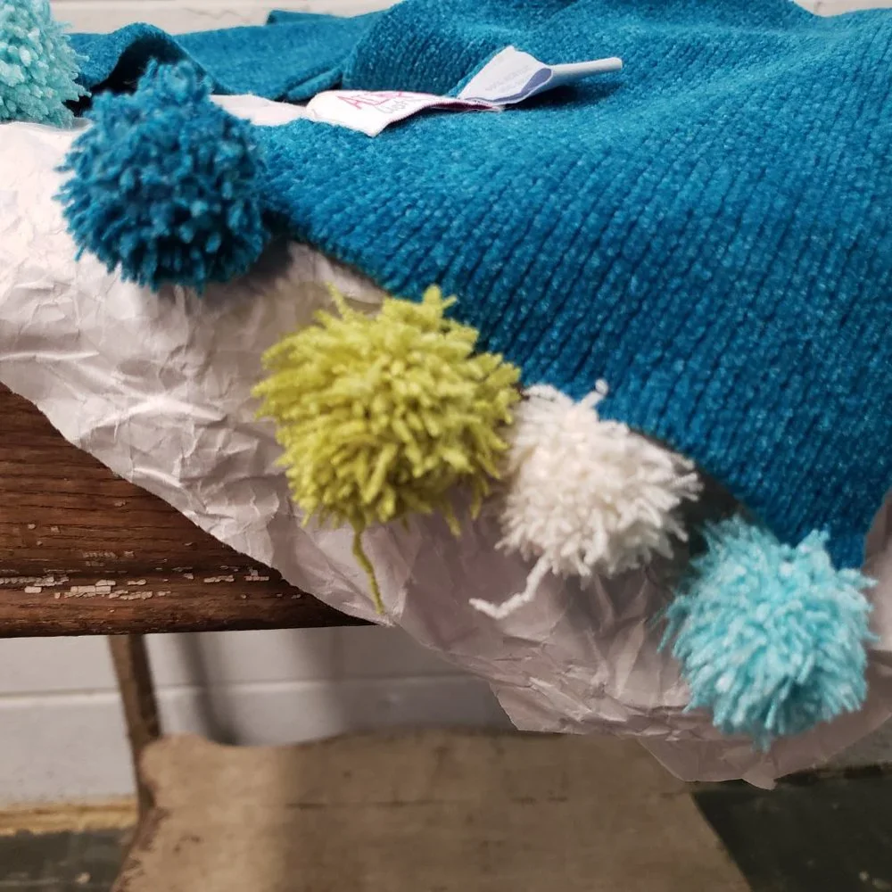 Airport Clothing Company Long Scarf ~ Teal and Poof Balls